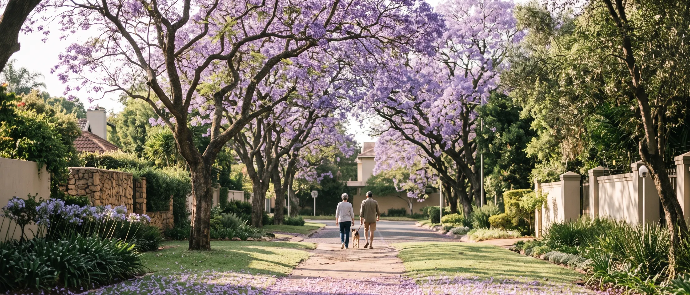 A footpath carpeted with jacaranda blossoms.