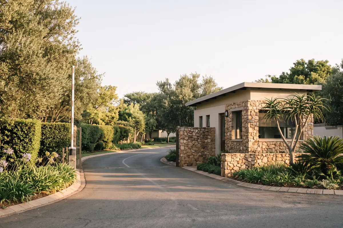 The entrance of a residential estate with a guardhouse and gate.